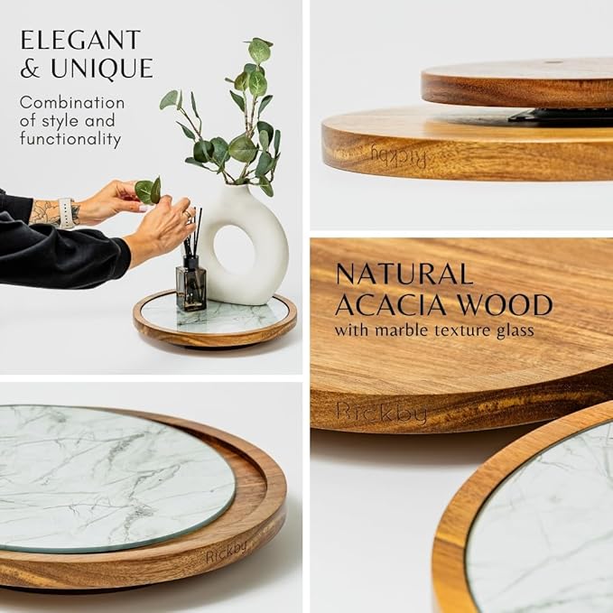 Rickby, 12" Premium Acacia Wood Lazy Susan Turntable for Table Top with Removable Marble Texture Glass Plate, Wooden Lazy Susan for Dining Table Centerpiece & Kitchen Countertop