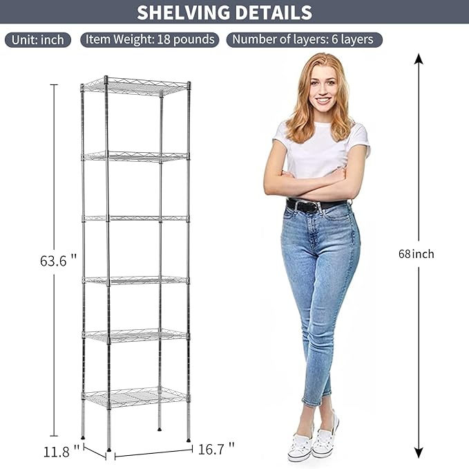 6-Shelf Adjustable Storage Shelves 600Lb Capacity Metal Wire Shelving Unit Storage Rack for Kitchen Bathroom Corner Shelf Organizer for Small Space, 16.7D x 11.8W x 63H, Chrome