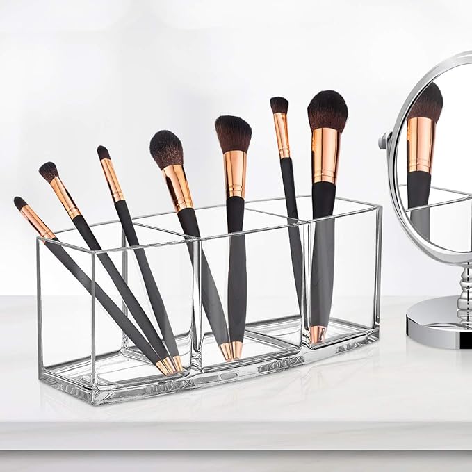 Clear Makeup Brush Organizer, Premium Acrylic Makeup Brush Holder Organizer 3 Compartments, Makeup Brush Display Holder Cosmetic Storage