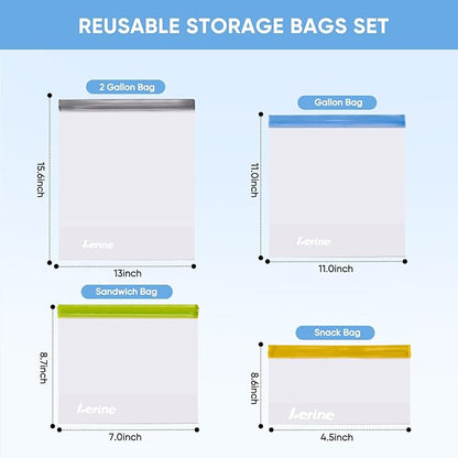 Lerine 18 Pack Reusable Gallon Freezer Bags Stand-Up Dishwasher Safe, BPA-Free Reusable Gallon Bags, Leakproof Food Storage Bags for Meat Vegetables Bread Travel (Gray, 18Gallon)