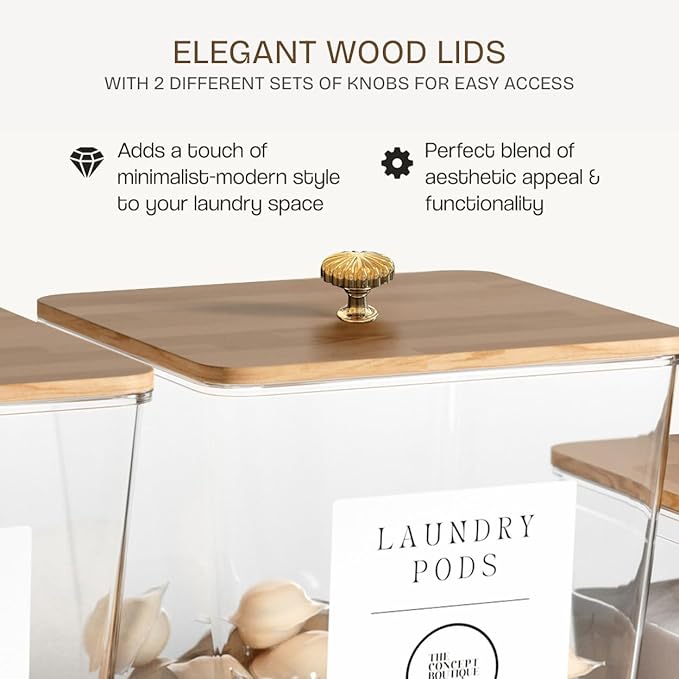 3 Pack Acrylic Laundry Room Organization Containers with Gold & Wood Knobs – Laundry Pods Container & Detergent Organizer Set | Clear Laundry Jars | Scoops & Customizable Labels | Storage Canisters