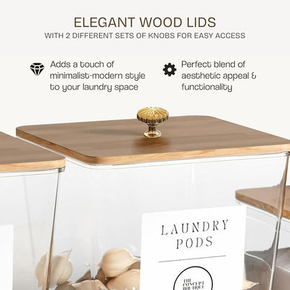 3 Pack Acrylic Laundry Room Organization Containers with Gold & Wood Knobs – Laundry Pods Container & Detergent Organizer Set | Clear Laundry Jars | Scoops & Customizable Labels | Storage Canisters