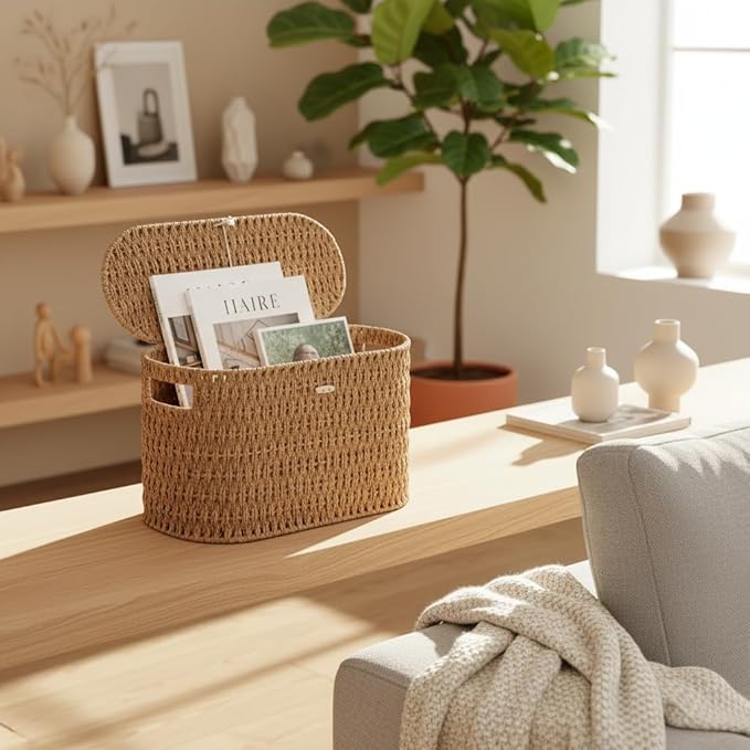 Coeusy Toilet Paper Basket with Lid,Paper Rope Decor Basket for Bathroom Organizers and Storage,Holds Up to 6 Mega Rolls,Decorative Hand-Woven Bathroom Bedroom Living Room Decor