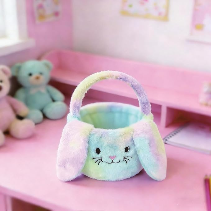 Easter Bunny Basket Plush Decorative Basket for Eggs Candy and Small Gifts (Rainbow)