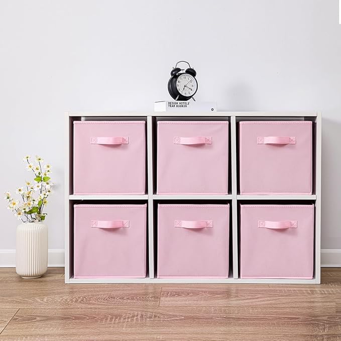 Stero Fabric Storage Bins 6 Pack Fun Colored Durable Storage Cubes with Fabric Handles Foldable Cube Baskets for Home, Kids Room, Closet and Toys Organization Pink