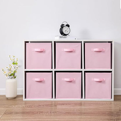 Stero Fabric Storage Bins 6 Pack Fun Colored Durable Storage Cubes with Fabric Handles Foldable Cube Baskets for Home, Kids Room, Closet and Toys Organization Pink
