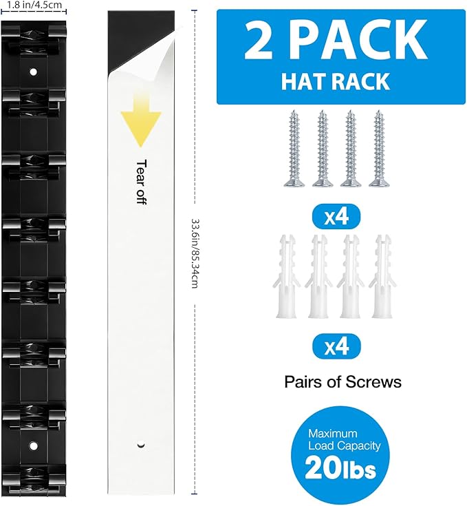 2 Pack Hat Organizer for Baseball Caps, Hat Rack for Wall Hold Up to 16 Hats, Hat Holder with Strong Adhesive and Screws, Hat Organizer Wall Mounted Hat Hanger Display for Door Closet Bedroom(A-Black)