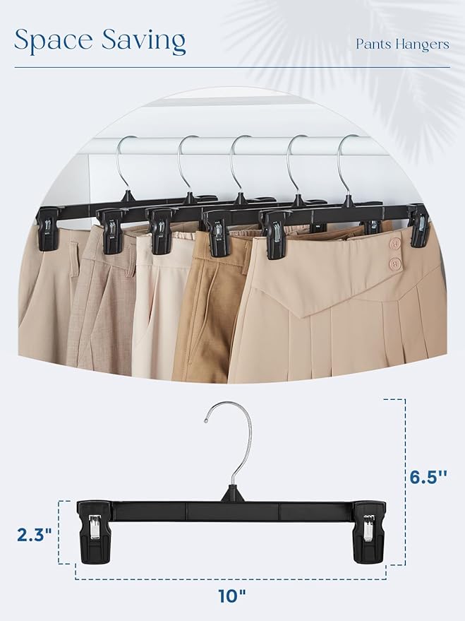 Smartor Space Saving Skirt Hangers - 150 Pack, Slim Plastic Pants and Shorts Hangers, Ridged Non-Slip with Pinch Clips, Black Clip Hanger for Women, 360-Rotating Chrome Swivel Hook, 10 Inches