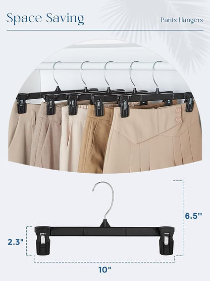 Smartor Space Saving Skirt Hangers - 150 Pack, Slim Plastic Pants and Shorts Hangers, Ridged Non-Slip with Pinch Clips, Black Clip Hanger for Women, 360-Rotating Chrome Swivel Hook, 10 Inches
