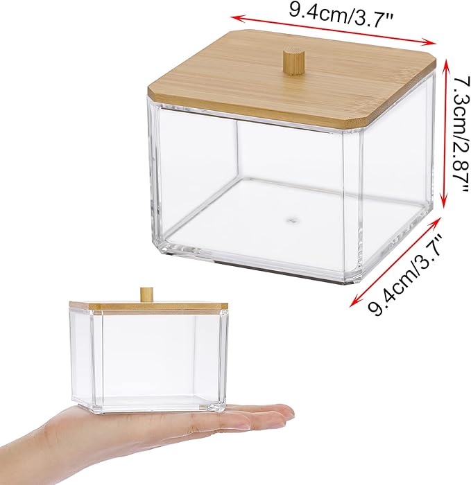 Hipiwe Acrylic Q-Tip Holder Dispenser with Lid Clear Plastic Bathroom Canisters Square Apothecary Jar Set Cotton Swab and Ball Storage Organizer for Cotton Round Pads, Floss