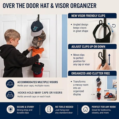 Perfect Curve Cap Rack | Over-The-Door Hat Organizer | Nine hooks holds 9-18 Caps | Baseball Cap Rack for Door | 1 Strap | Black