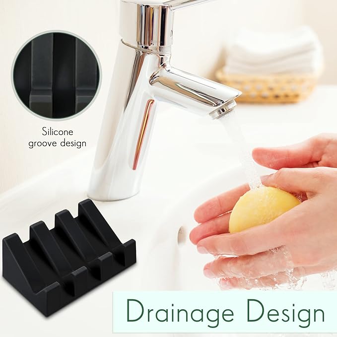 Cunhill 2 Pieces Silicone Soap Dish Self Draining Soap Dish Shower Waterfall Bar Soap Holder Tray with Drain Soap Saver for Kitchen Bathroom Accessories (Black)