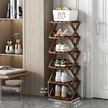 Foldable Shoe Rack, Bamboo Vertical Shoe Organizer Tall for Small Spaces. Multifunctional Narrow Shoe Shelf for Entryway, Closet, Corner, Bedroom, Hallway, Brown Color 6 Layers