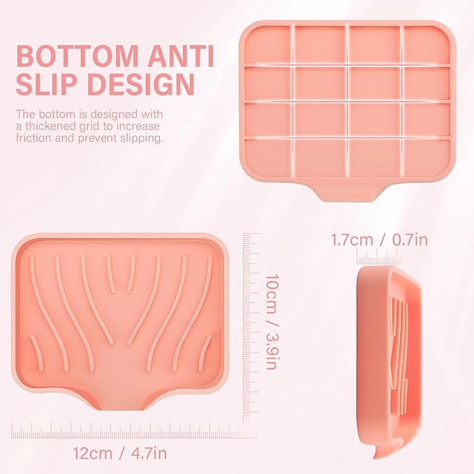 Silicone Soap Dish with Drain, SAISN Kitchen Soap Tray for Shower 2 Pack Self Draining Soap Dish Soft Bathroom Soap Holder for Kitchen Sink Flexible Portable Soap Saver, Pink