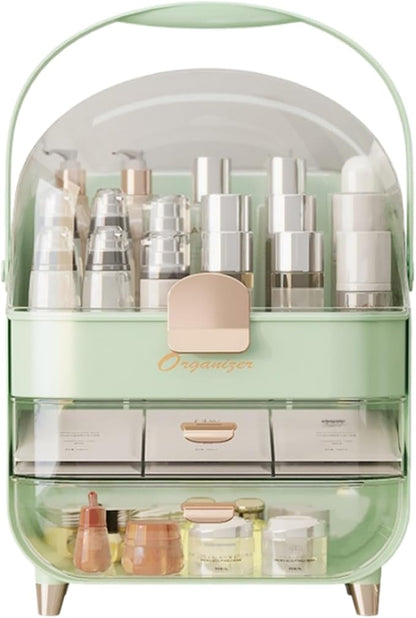 Makeup Organizer, Skincare Organizers with Clear Lid & 2 Drawers and 360° Rotating Brush Holder