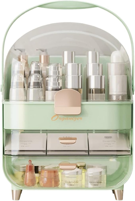 Makeup Organizer, Skincare Organizers with Clear Lid & 2 Drawers and 360° Rotating Brush Holder