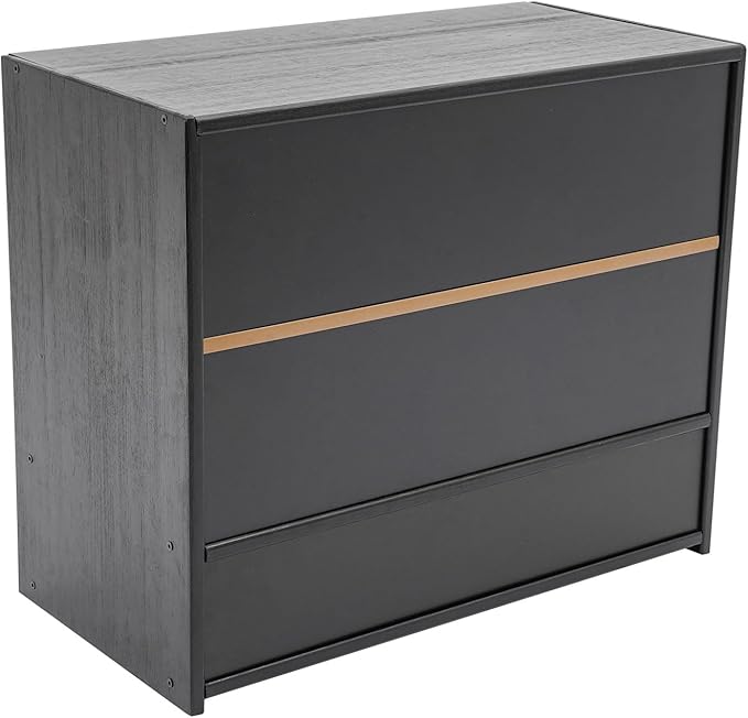 OUKANING 3 Tiers Small Bamboo Kitchen Pantry Sideboard with 2 Sliding Striped Glass Doors, Freestanding Kitchen Pantry Cabinet for Bottle, Dish, Bowl Console Dining Cupboard, Black