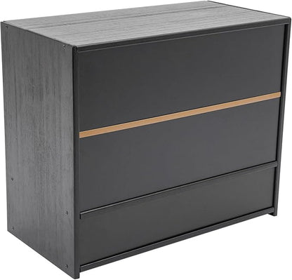 OUKANING 3 Tiers Small Bamboo Kitchen Pantry Sideboard with 2 Sliding Striped Glass Doors, Freestanding Kitchen Pantry Cabinet for Bottle, Dish, Bowl Console Dining Cupboard, Black