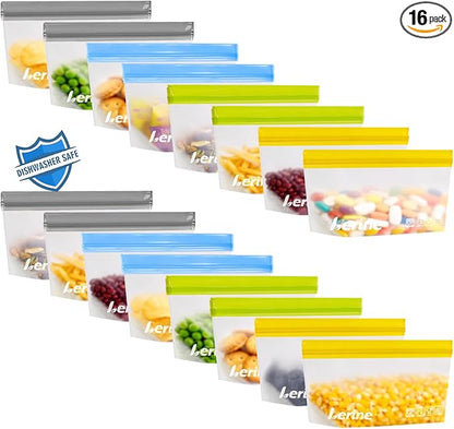 Lerine 16 Pack Stand-Up Reusable Snack Bags, Dishwasher Safe Leakproof Reusable Freezer Bags, BPA Free Food Storage Bags for Snacks, Meal Prep, Home Organization (Multicolor, 16Snack)