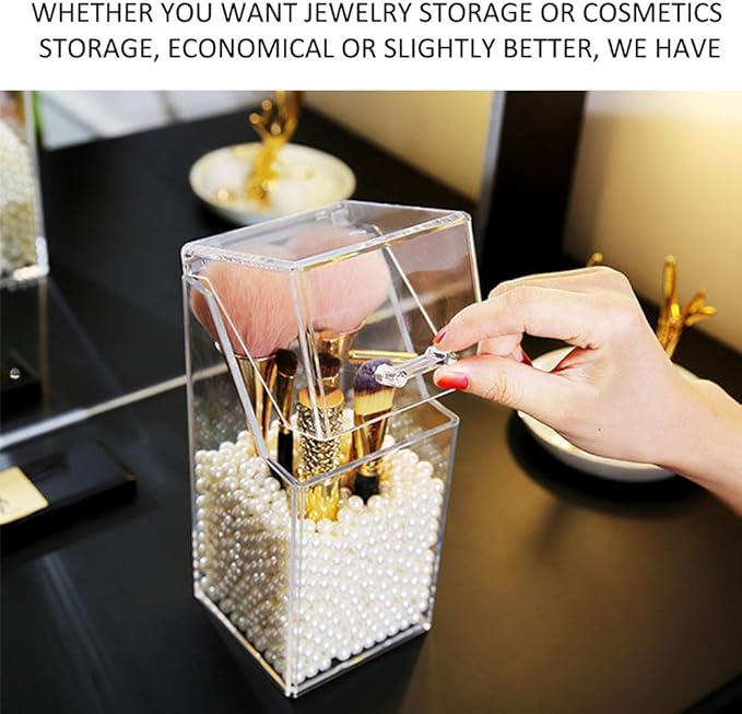 Makeup Brush Holder With Lid Cosmetic Brush Organizer Display Case Dustproof Cosmetics Brush Storage Container with Free Pearls
