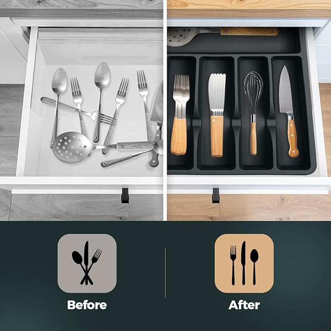 Pantrymade Silicone Silverware Drawer Organizer – Non-Slip Utensil Holder for Kitchen Drawers | Cutlery Tray for Forks, Knives, Spoons & More | Durable, BPA-Free, Easy to Clean – Black