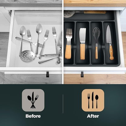 Pantrymade Silicone Silverware Drawer Organizer – Non-Slip Utensil Holder for Kitchen Drawers | Cutlery Tray for Forks, Knives, Spoons & More | Durable, BPA-Free, Easy to Clean – Black