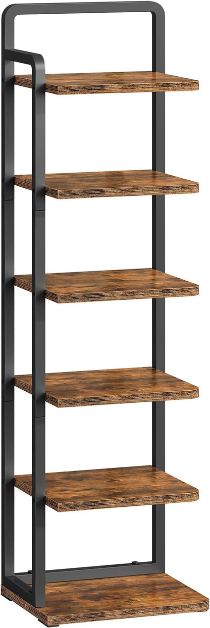 CHOEZON 6-Tier Vertical Shoe Rack, Narrow Shoe Tower, Corner Shoe Storage Organizer, Shoe Shelf, for Small Spaces, Industrial Style, for Entryway, Hallway, Living Room, Rustic Brown and Black TXJ06BF