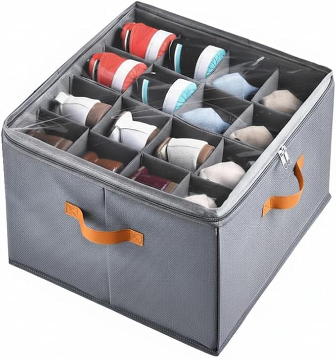 Foldable Shoe Organizer Box for Closet & Under-Bed, Adjustable Dividers, Holds up to 16 Pairs, Stackable, Gray with Clear Cover & Leather Handles, 17x17x12 inch