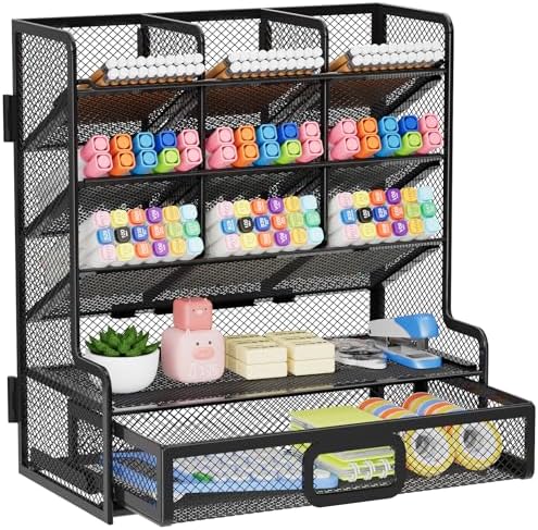 Marbrasse Larger Mesh Desk Organizer with Drawer, Multi-Functional Pen Pencil Holder, Easy Assembly, Desk Organizers and Accessories for Office Art Supplies (Black) by Marbrasse