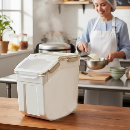 RUIAN 25lb Flour Rice Storage Containers Bin, Large Airtight Storage Container with Wheels Seal Locking Lid, with Measuring Cup&Scoop for Flour, Rice, Grain(Gray 4PCS)