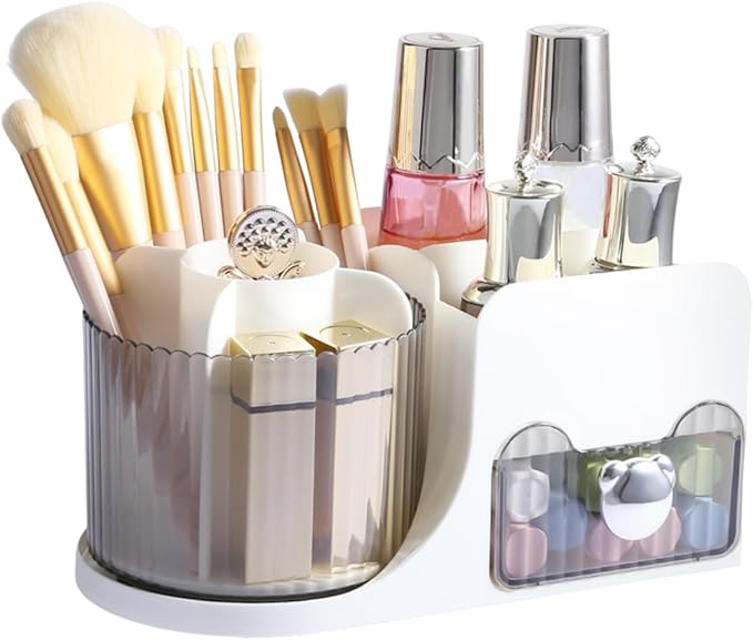 DASITON Makeup Organizer with Drawer, 360° Rotating Makeup Brush Holder, Makeup and Skincare Storage Box, Make Up Organizers for Vantiy, Desktop, Bathroom Countertop, Cosmetic Display Case (White)