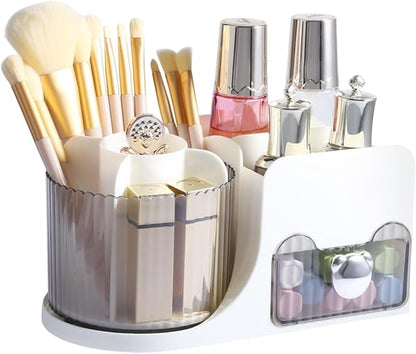 DASITON Makeup Organizer with Drawer, 360° Rotating Makeup Brush Holder, Makeup and Skincare Storage Box, Make Up Organizers for Vantiy, Desktop, Bathroom Countertop, Cosmetic Display Case (White)
