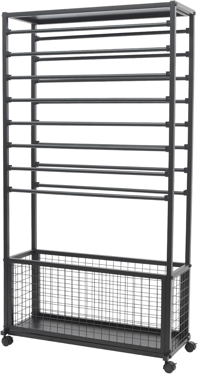 16-Tier Double-Sided Ribbon Holder Organizer Rack with Storage Basket & Wheels, Multifunctional Flower Wrapping Paper Display Stand for Craft Rooms, Flower Shops (Black, 31.5''W x 12.6''D x 59.06''H)