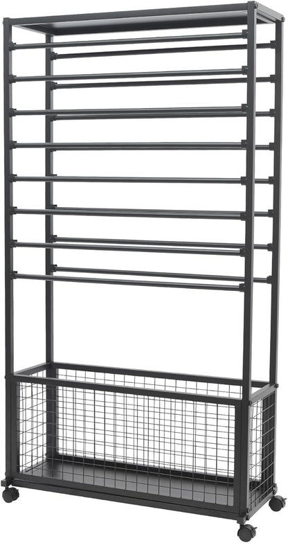 16-Tier Double-Sided Ribbon Holder Organizer Rack with Storage Basket & Wheels, Multifunctional Flower Wrapping Paper Display Stand for Craft Rooms, Flower Shops (Black, 31.5''W x 12.6''D x 59.06''H)