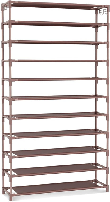 VILICK 11 Tiers Tall Wide Shoe Rack 55 Pairs Large Capacity Sturdy Durable Shoe Rack for Closet Metal Shoe Organizer Shelf with Two Hooks Space Saving for Entryway Brown