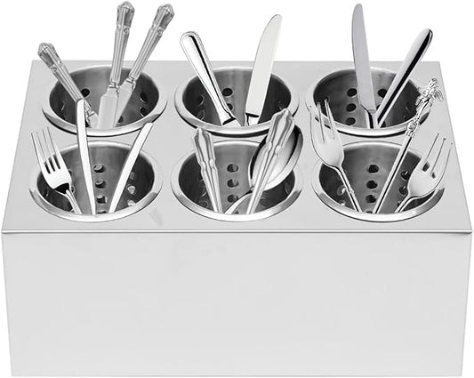 Commercial Utensil Holder, Commercial 6-Hole Stainless Steel Cylinder Flatware Silverware Utensil Holder Compact Cutlery Organizer Countertop Silverware Organizer for Restaurant (6-Hole)