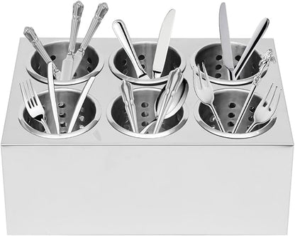 Commercial Utensil Holder, Stainless Steel Cylinder Flatware Silverware Utensil Holder Organizer Countertop Forks Spoons Knife Utensil Caddy Compact Cutlery Organizer(6 Hole)
