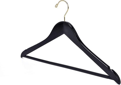 Quality Black Wooden Hangers - Slightly Curved Hanger Set of 30-Pack - Solid Wood Coat Hangers with Stylish Chrome Hooks - Heavy-Duty Clothes, Jacket, Shirt, Pants, Suit Hangers (Black-Gold Hook, 30)