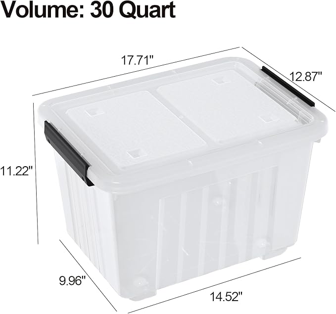 30 Quart Clear Plastic Storage Containers Bins with Wheels, Stackable Plastic Latching Totes with Lids, 4 Packs