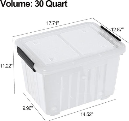 30 Quart Clear Plastic Storage Containers Bins with Wheels, Stackable Plastic Latching Totes with Lids, 4 Packs