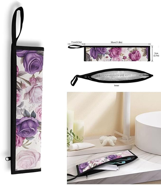 COEQINE Purple Rose Flower Utensil Holder Case for Home Work Outdoor Travel Accessories Fork Spoon Knife Organizer With Lid for Party Fashion Retro Style Floral Silverware Case