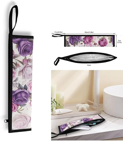 COEQINE Purple Rose Flower Utensil Holder Case for Home Work Outdoor Travel Accessories Fork Spoon Knife Organizer With Lid for Party Fashion Retro Style Floral Silverware Case