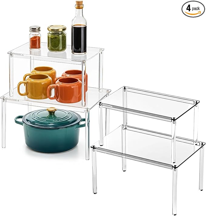 4 Pcs Clear Acrylic Cabinet Organizers, Stackable Countertop Spice Racks, Modular Shelf Risers for Kitchen Pantry Bathroom Desk Storage, Mixed Sizes