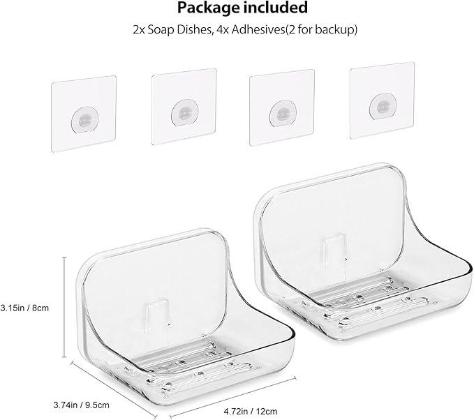 Ettori Soap Dish 2 Pack Soap Holder Plastic Adhesive Soap Holder for Shower Wall, Bathroom, Tub and Kitchen Sink, Drill- Free and Clear