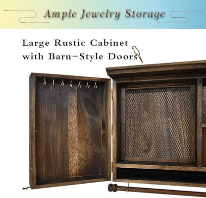 GLANT Rustic Wall Mounted Jewelry Organizer with Wooden Barndoor Decor,Wooden Wall Mount Holder,Jewelry holder for Necklaces, Earings, Bracelets, Ring Holder. Includes matching hook organizer (Rustic)