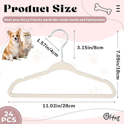 Weysat 24 Pcs Dog Clothes Hangers 11'' Non-Slip & 360° Swivel Velvet Small Pet Beige Hangers for Cats/Dogs with Rustproof Metal Hooks, Space-Saving for Home Storage & Grooming Salons Minimalism
