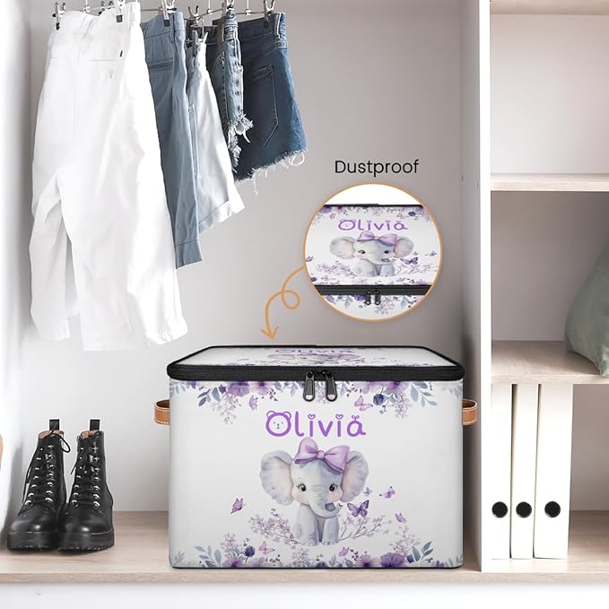 Custom Elephant Storage Bins with Lid, Foldable Personalized Storage Basket Boxes with Handle Purple Flowers Shelf Basket Closet Organizer Cube