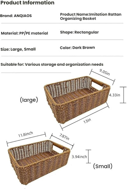 Plastic Storage Baskets for Shelves and Cabinets, Wicker Storage Baskets for Shelves, Pantry Baskets Organization and Storage, Water-Resistant and Durable(Set of 2, Dark Brown)