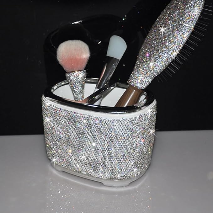 Luxury Bling Rhinestone-Embellished Makeup Organizer Box Storage – Large Capacity Cosmetic Brush Lipstick Eyebrow Pencil Storage Box and Desktop Organizer Rack (Silver)