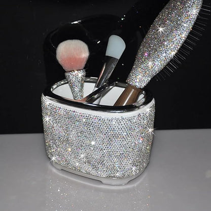 Luxury Bling Rhinestone-Embellished Makeup Organizer Box Storage – Large Capacity Cosmetic Brush Lipstick Eyebrow Pencil Storage Box and Desktop Organizer Rack (Silver)